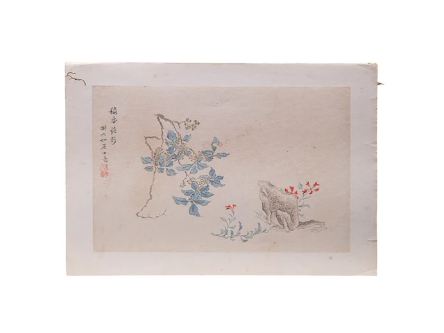 Two chinese paintings, 'toad in a garden' & 'butterfly and flowers', colour on paper, seal stamped, 44,7 x 29,7 cm / 29 x 23 cm - afbeelding 3 van  5