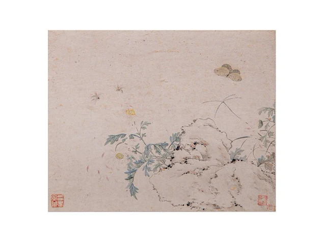 Two chinese paintings, 'toad in a garden' & 'butterfly and flowers', colour on paper, seal stamped, 44,7 x 29,7 cm / 29 x 23 cm - afbeelding 4 van  5