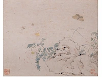 Two chinese paintings, 'toad in a garden' & 'butterfly and flowers', colour on paper, seal stamped, 44,7 x 29,7 cm / 29 x 23 cm - afbeelding 4 van  5
