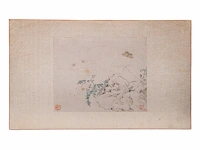 Two chinese paintings, 'toad in a garden' & 'butterfly and flowers', colour on paper, seal stamped, 44,7 x 29,7 cm / 29 x 23 cm - afbeelding 5 van  5
