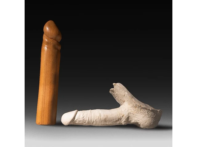Two contemporary phalluses, plaster and wood, h 25 cm (the wooden) - afbeelding 2 van  5