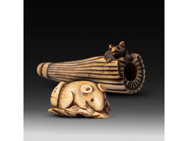 Two japanese bone netsuke of rats, edo period (19thc), w 3,5 cm / w 7,2 cm - afbeelding 1 van  6