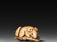 Two japanese bone netsuke of rats, edo period (19thc), w 3,5 cm / w 7,2 cm - afbeelding 2 van  6