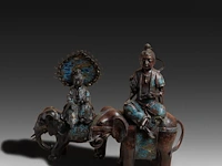 Two japanese champlevé enameled bronzes of figures riding an elephant, both signed, 19th/20thc, tallest h 50 cm