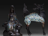 Two japanese champlevé enameled bronzes, one depicting a kirin, the other kannon, meiji period (1868-1912), both h 35 cm