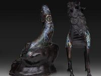 Two japanese champlevé enameled bronzes, one depicting a kirin, the other kannon, meiji period (1868-1912), both h 35 cm - afbeelding 3 van  8