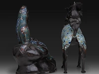 Two japanese champlevé enameled bronzes, one depicting a kirin, the other kannon, meiji period (1868-1912), both h 35 cm - afbeelding 5 van  8
