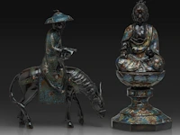 Two japanese champlevé enameled bronzes, one of kannon, the other an immortal, meiji period (1868-1912), h 45 cm / h 42 cm
