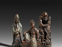 Two japanese champlevé enameled bronzes representing kannon, and one bronze of fukurokuju, 19th/20thc, tallest h 43 cm