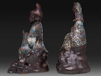 Two japanese champlevé enamelled bronzes, one depicting kannon, the other an immortal; added a ditto large vase decorated with elephants and shishi, meiji period (1868-1912), h 37 cm (both figures) / h 93 cm (vase) - afbeelding 10 van  15