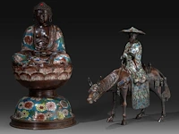 Two japanese cloisonné enameled bronzes, one depicting buddha, the other an immortal, meiji period (1868-1912), h 36 cm - h 46 cm
