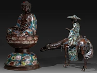 Two japanese cloisonné enameled bronzes, one depicting buddha, the other an immortal, meiji period (1868-1912), h 36 cm - h 46 cm - afbeelding 2 van  8
