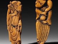 Two japanese flat ivory netsuke of chokaro and tekkai sennin, edo period (18thc), h 9 cm - 21g / h 7,3 cm - 14g (+)