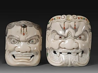 Two japanese ivory masks with shibayama inlay, meiji/taisho period (early 20thc), h 9 cm - 48g / h 8 cm - 39g (+)
