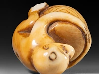 Two japanese ivory netsuke of a karako with a puppy and of a monkey with a drum, edo period, h 3,5 cm - w 3,5 cm - d 1,6 cm - 13g / h 3,5 cm - w 2 cm - d 2,5 cm - 12g (+) - afbeelding 13 van  15