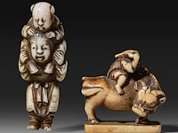 Two japanese ivory netsuke, one of a boy carrying a karako around on his shoulders, the other of lao tse on his buffalo, edo period (19thc), children h 5 cm - w 1,7 cm - 11g / lao tse h 3,3 cm - w 3,2 cm - 10g (+)