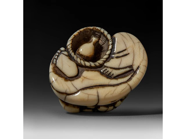 Two japanese ivory netsuke, one of an immortal and one of a man with a basket, edo period (19thc), h 3 cm - w 3,2 cm - d 2,5 cm - 20g / h 3,6 cm - w 3,9 cm - d 3,3 cm - 30g ; added two marine ivory netsuke, meiji period - afbeelding 14 van  22