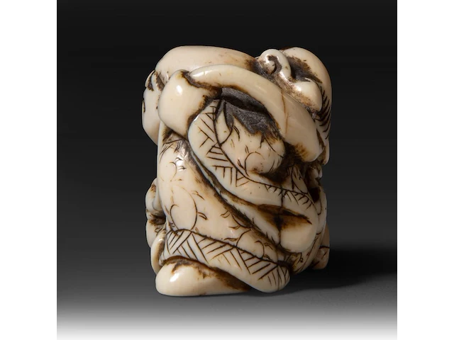 Two japanese ivory netsuke, one of an immortal and one of a man with a basket, edo period (19thc), h 3 cm - w 3,2 cm - d 2,5 cm - 20g / h 3,6 cm - w 3,9 cm - d 3,3 cm - 30g ; added two marine ivory netsuke, meiji period - afbeelding 4 van  8