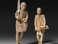 Two japanese ivory okimono of farmers with their crop, both signed, meiji period (1868-1912), h 32 cm - 830g / h 25 cm - 674g (+)