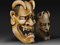 Two japanese ivory okimono/netsuke of no masks, meiji period (1868-1912), h 8 cm - 53g / h 5,5 cm - 12g (+) - afbeelding 3 van  4