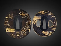 Two japanese tsuba sword guards, richly gilt with samurai narrative battle scenes, one inscribed, late edo/meiji, 7,2 x 7,7 cm / 6,2 x 6,5 cm