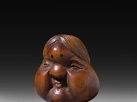 Two japanese wood netsuke of masks, edo period (19thc), both h 5 cm - afbeelding 3 van  6