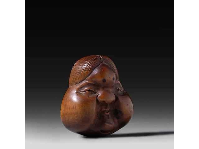 Two japanese wood netsuke of masks, edo period (19thc), both h 5 cm - afbeelding 5 van  6