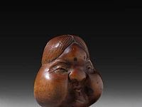 Two japanese wood netsuke of masks, edo period (19thc), both h 5 cm - afbeelding 5 van  6