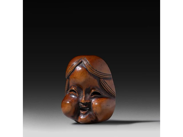 Two japanese wood netsuke of masks, edo period (19thc), both h 5 cm - afbeelding 8 van  10