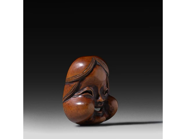 Two japanese wood netsuke of masks, edo period (19thc), both h 5 cm - afbeelding 9 van  10