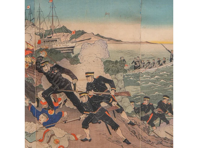 Two japanese woodblock triptychs with scenes from the sino-japanese war, meiji period (1868-1912), framed 97x66 cm / 93x63 cm - afbeelding 4 van  13