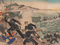 Two japanese woodblock triptychs with scenes from the sino-japanese war, meiji period (1868-1912), framed 97x66 cm / 93x63 cm - afbeelding 4 van  13