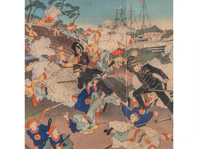 Two japanese woodblock triptychs with scenes from the sino-japanese war, meiji period (1868-1912), framed 97x66 cm / 93x63 cm - afbeelding 5 van  13