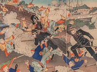 Two japanese woodblock triptychs with scenes from the sino-japanese war, meiji period (1868-1912), framed 97x66 cm / 93x63 cm - afbeelding 5 van  13