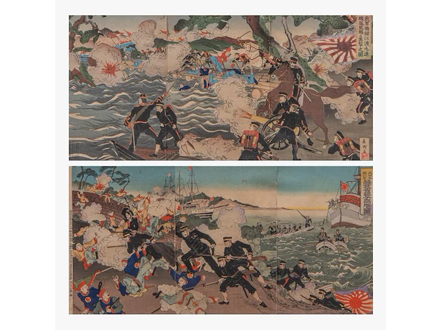Two japanese woodblock triptychs with scenes from the sino-japanese war, meiji period (1868-1912), framed 97x66 cm / 93x63 cm - afbeelding 1 van  13