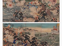Two japanese woodblock triptychs with scenes from the sino-japanese war, meiji period (1868-1912), framed 97x66 cm / 93x63 cm