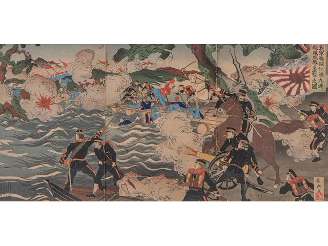 Two japanese woodblock triptychs with scenes from the sino-japanese war, meiji period (1868-1912), framed 97x66 cm / 93x63 cm - afbeelding 6 van  13