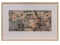 Two japanese woodblock triptychs with scenes from the sino-japanese war, meiji period (1868-1912), framed 97x66 cm / 93x63 cm - afbeelding 7 van  13