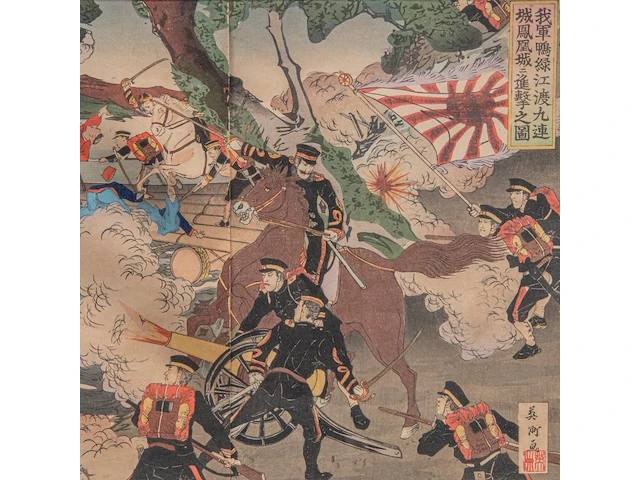 Two japanese woodblock triptychs with scenes from the sino-japanese war, meiji period (1868-1912), framed 97x66 cm / 93x63 cm - afbeelding 9 van  13