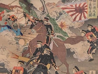 Two japanese woodblock triptychs with scenes from the sino-japanese war, meiji period (1868-1912), framed 97x66 cm / 93x63 cm - afbeelding 9 van  13