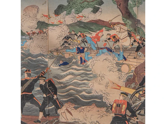 Two japanese woodblock triptychs with scenes from the sino-japanese war, meiji period (1868-1912), framed 97x66 cm / 93x63 cm - afbeelding 10 van  13