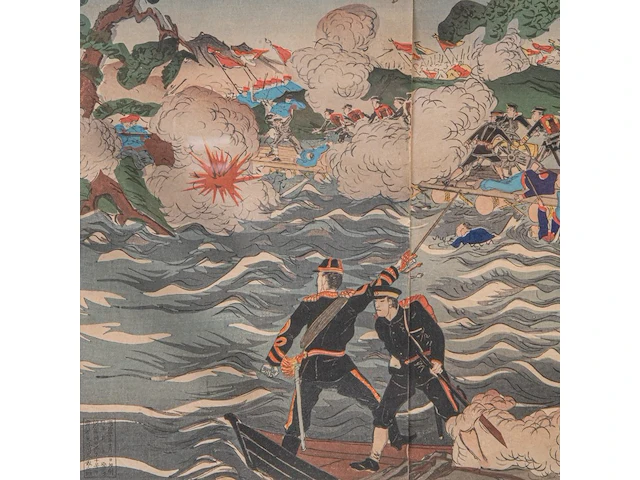 Two japanese woodblock triptychs with scenes from the sino-japanese war, meiji period (1868-1912), framed 97x66 cm / 93x63 cm - afbeelding 11 van  13