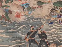 Two japanese woodblock triptychs with scenes from the sino-japanese war, meiji period (1868-1912), framed 97x66 cm / 93x63 cm - afbeelding 11 van  13