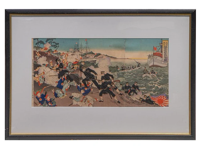 Two japanese woodblock triptychs with scenes from the sino-japanese war, meiji period (1868-1912), framed 97x66 cm / 93x63 cm - afbeelding 13 van  13