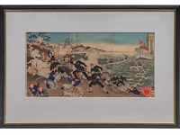 Two japanese woodblock triptychs with scenes from the sino-japanese war, meiji period (1868-1912), framed 97x66 cm / 93x63 cm - afbeelding 13 van  13