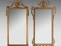 Two matching louis xvi period giltwood trumeau mirrors, with an allegory of harvest on top 170 x 62 cm. (66.93 x 24.41 in.), frame: 170 x 75 cm. (66.93 x 29.53 in.)