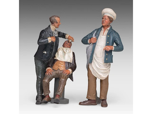 Two polychrome terracotta figures of a barber and a baker, attrib. to bernhardt bloch (1836-1909) the baker: 29 cm. (11.41 in.), the barber: 26 cm. (10.24 in.) - afbeelding 1 van  9