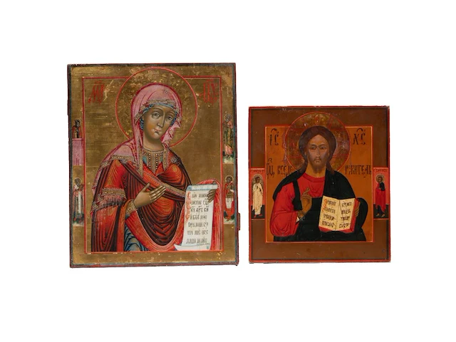 Two russian orthodox icons of christ pantocrator and our lady, 19thc christ: 35 x 31.5 cm. (13.77 x 12.40 in.), our lady: 45 x 37 cm. (17.71 x 14.57 in.) - afbeelding 1 van  4