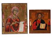 Two russian orthodox icons of christ pantocrator and our lady, 19thc christ: 35 x 31.5 cm. (13.77 x 12.40 in.), our lady: 45 x 37 cm. (17.71 x 14.57 in.)