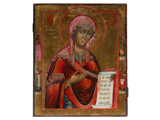 Two russian orthodox icons of christ pantocrator and our lady, 19thc christ: 35 x 31.5 cm. (13.77 x 12.40 in.), our lady: 45 x 37 cm. (17.71 x 14.57 in.) - afbeelding 3 van  4